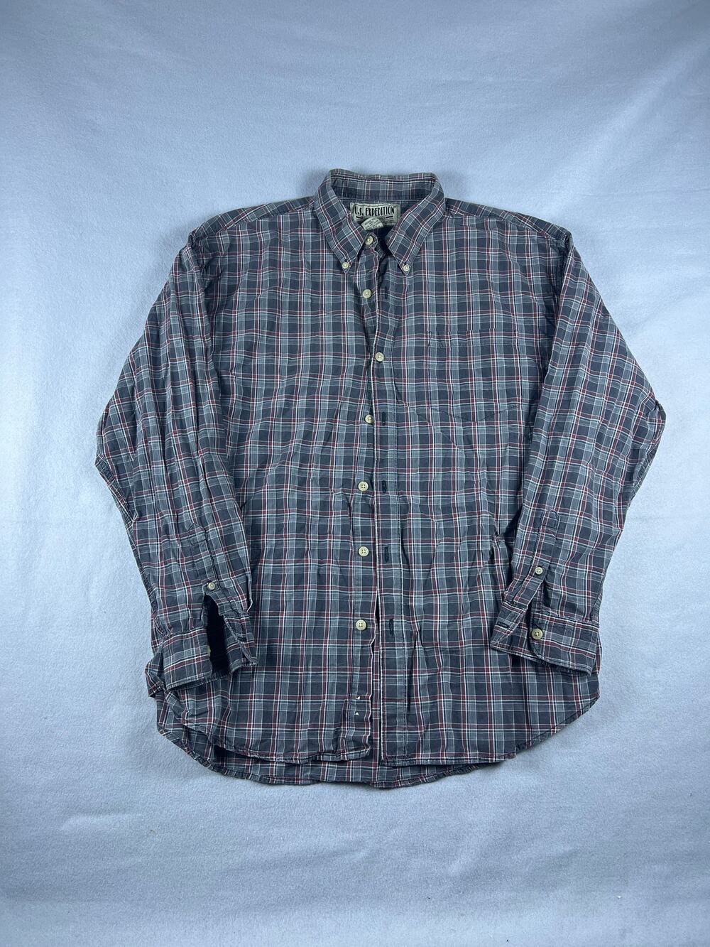 Vintage US Expedition Shirt Mens L Grey Red Long Sleeve Plaid Classic Business